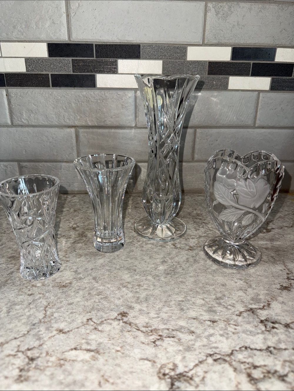 4 Vintage Clear Cut Crystal Glass Bud Flowers Vases decorative variety etched
